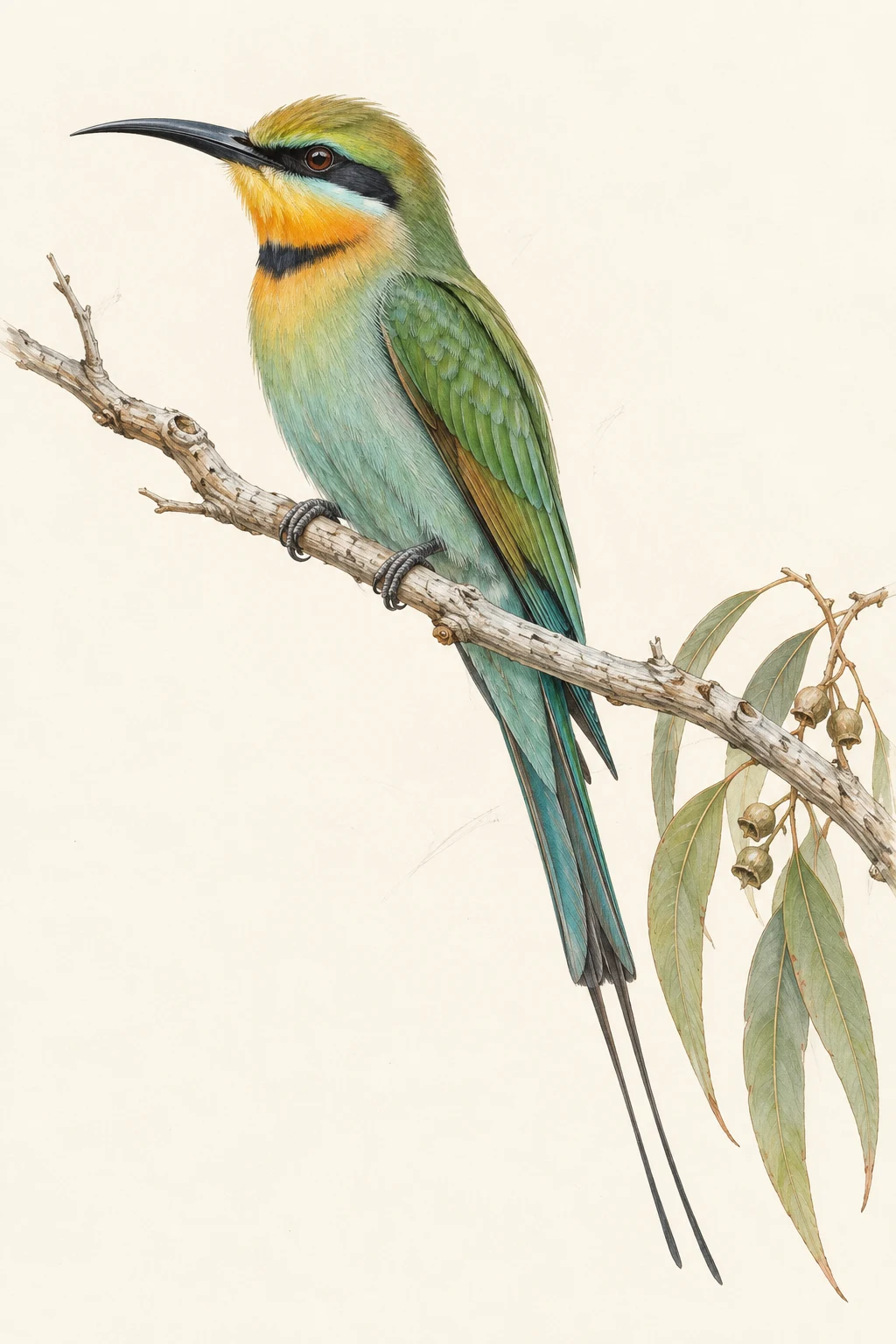 Natural-history illustration of a rainbow bee-eater perched on a eucalyptus branch, with a golden throat, green feathers and long tail streamers.